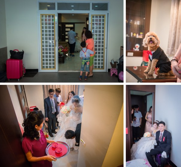 左上 偷看新娘的小朋友 右上 新郎官說狗花童(毛小孩)超搶戲的, 新郎父親說整本相本書都是它童