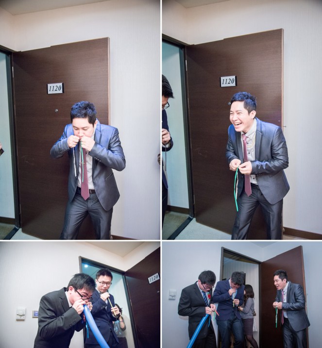 婚禮闖關遊戲:吹汽球, 新郎看到伴郎吹起來,超羨慕的眼神