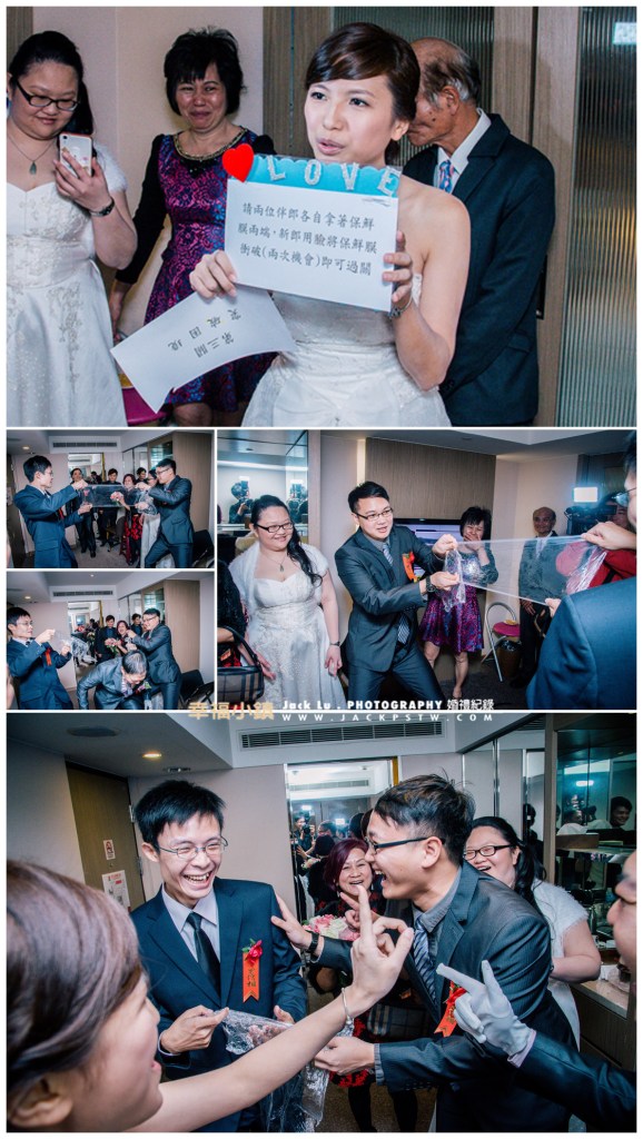 [結婚闖關]請兩位伴郎各自拿著保鮮膜兩端,新郎用臉將保鮮膜衝破(兩次機會)擊即可過關