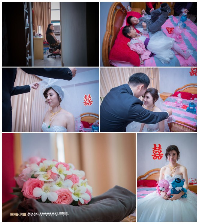 媽媽聽到新人回來了探頭出來看, 小朋友來滾床.最好是屬龍,表示能早日添丁 掀頭紗