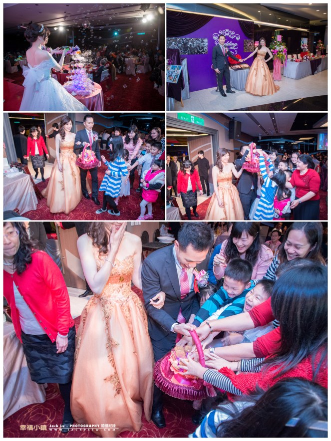 新人第二次進場,新郎官還很調皮故意把進場小禮物抬高讓小朋友拿不到,新娘子看到笑不停,當籃子再次放低`,新郎官發現已經開始暴動了手拿不住,有點被嚇到!