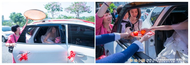 禮車到達新郎家，由小男孩捧橘子開車門，新媳下車前摸一下橘子，並給一個紅包。