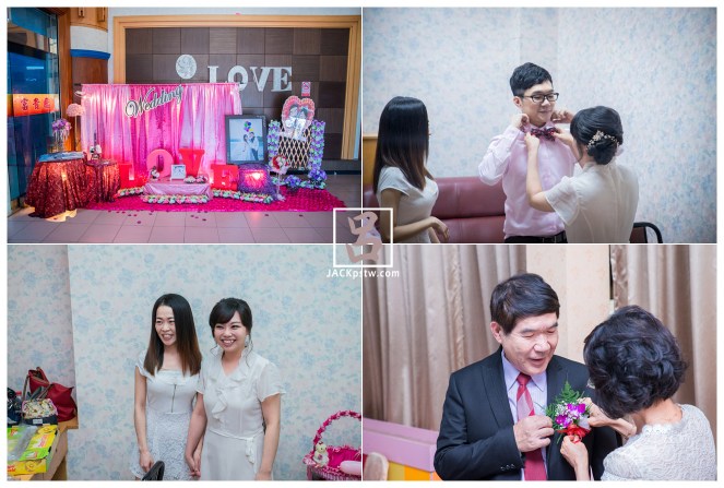 新娘在幫新郎整理衣物準備等下進場,新娘與她的姐姐