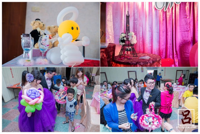 現場佈製,新人換上紫色晚禮服二次進場發小禮物