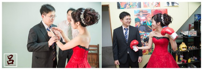 新娘在幫新郎整理衣服,新娘的房間內之前留下小玩具