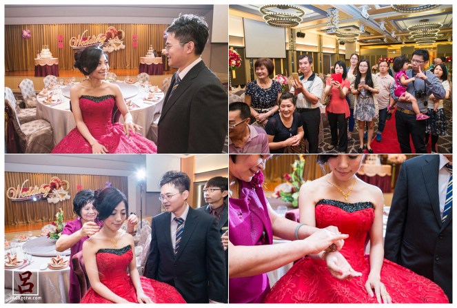 新郎官幫新娘帶上戒指,在眾人親友面前下舉行 主婚人幫新娘帶上金項鍊和金手環