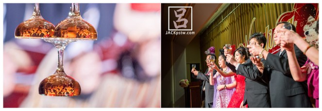 主婚人和新人在臺上敬酒,玻璃杯上的反光