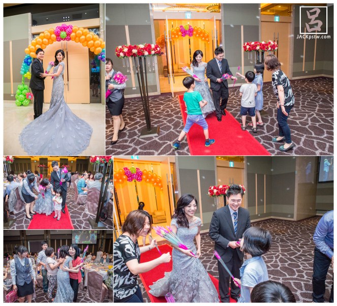 二次進場新娘換上紫色的晚禮服,發小禮物