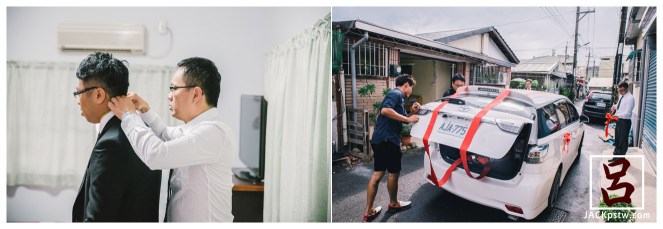 婚禮紀錄-迎娶喜宴-高雄圓山-新郎的親友在替禮車繫上彩帶