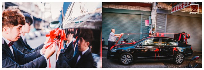 新郎與父親在準備掛在婚禮禮車的彩帶 新郎與父親在準備掛在婚禮禮車的彩帶