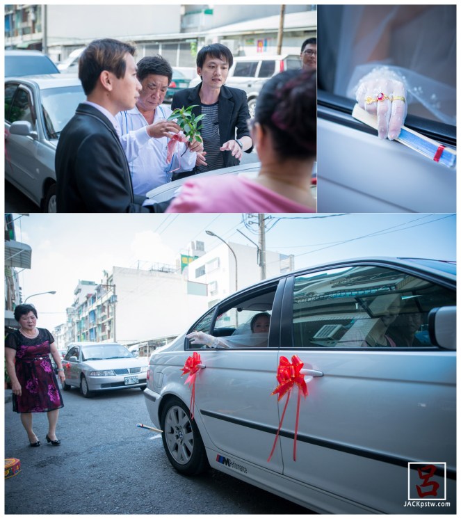 新娘父親在幫忙綁豬肉掛在竹子上,新娘丟扇子