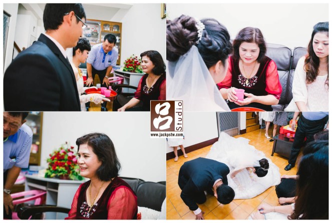 新娘端茶給母親喝，再來就是跪拜父母感謝養育之恩