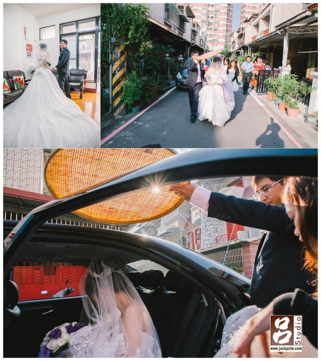 新娘裙擺相當漂亮，出家門準備上車