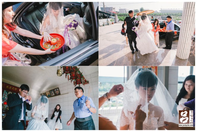 禮車到家門口，由家中晚輩開車門讓新娘摸蘋果，進家門，祭拜家中祖先