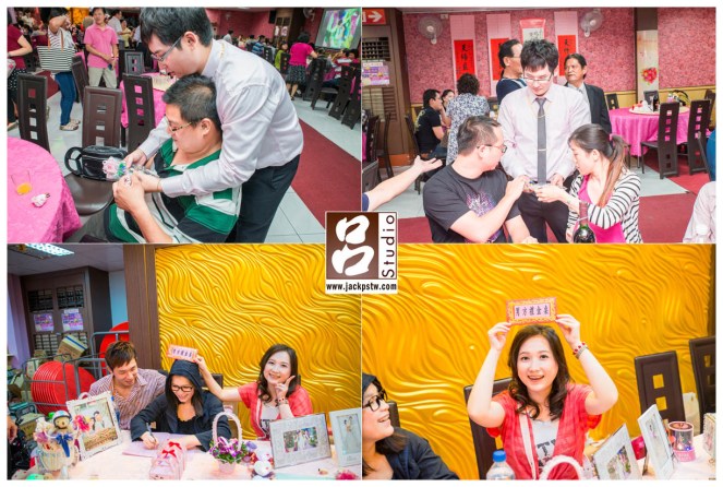 新郎準備一些他手用自己的東西送給大家，禮金桌的美女說怕客人看不到，要上牌子上在頭上