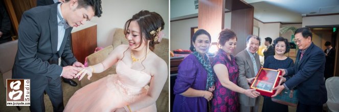婚禮聘禮, 訂婚儀式, 婚禮紀錄, 婚禮攝影 新郎智義幫新娘帶上戒指, 雙方家長交換聘禮