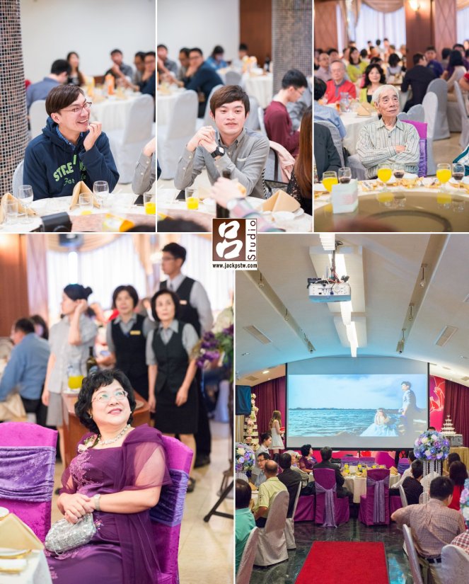 今天的新郎新娘準備進場,進場前的成長MV撥放, 賓客觀看的畫面