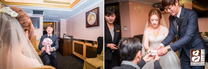 新郎捧花 新郎送上捧花,給父親喝茶