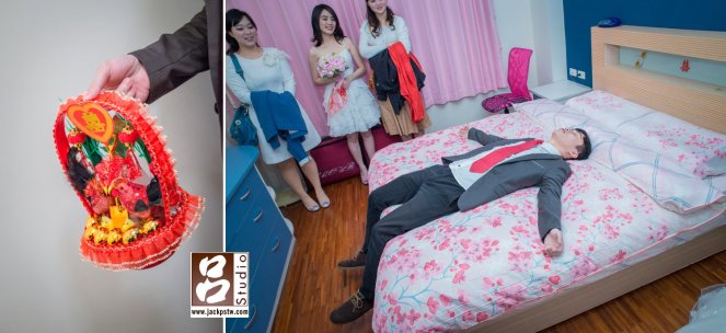 帶路雞，新娘家人剛好有人是屬龍，才可以躺床