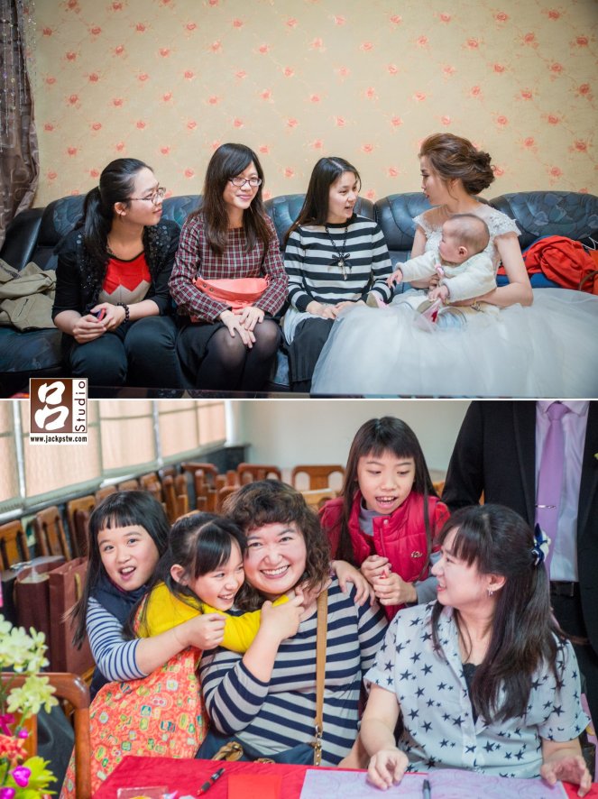 同事特別來探房看新娘白紗和合照，基本上如果想拍白紗合照也只有這時候, 小朋友看到很疼她的姑姑跑過去抱她被我拍到