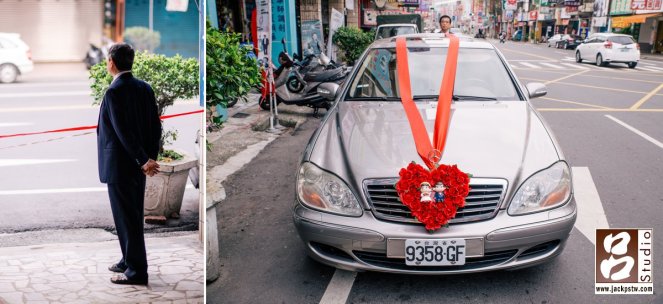 新郎的父親往外看,和今天娶新娘的禮車