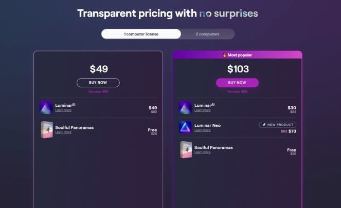 官方上面Luminar AI 價位